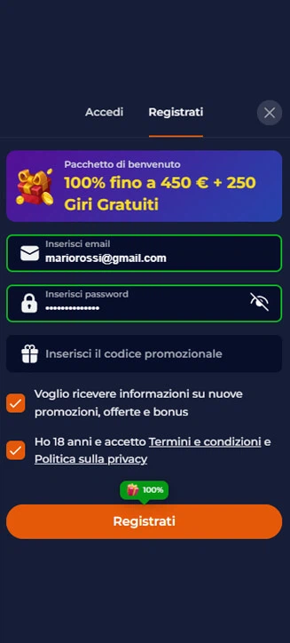 Processo di registrazione di Nine Casinò su smartphone